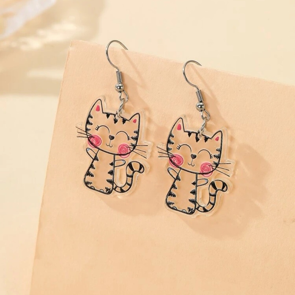 π Adorable Large Kitty Cat Line Drawn Scribble Clear Drop Earrings πββ¬ - Picture 4 of 4
